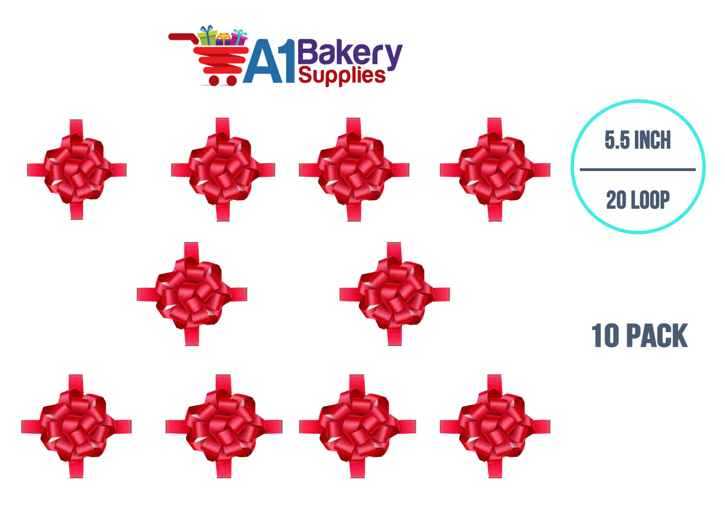 A1BakerySupplies 10 Pieces Pull Bow for Gift Wrapping Gift Bows Pull Bow With Ribbon for Wedding Gift Baskets, 5.5 Inch 20 Loop in Scarlet Red Color