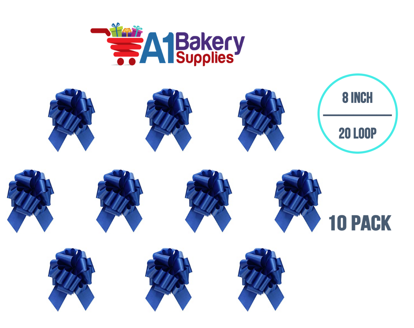 A1BakerySupplies 10 Pieces Pull Bow for Gift Wrapping Gift Bows Pull Bow With Ribbon for Wedding Gift Baskets, 8 Inch 20 Loop Royal Blue Flora Satin Color