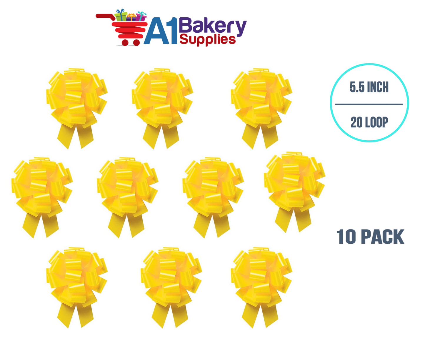 A1BakerySupplies 10 Pieces Pull Bow for Gift Wrapping Gift Bows Pull Bow With Ribbon for Wedding Gift Baskets, 5.5 Inch 20 Loop in  Yellow Color