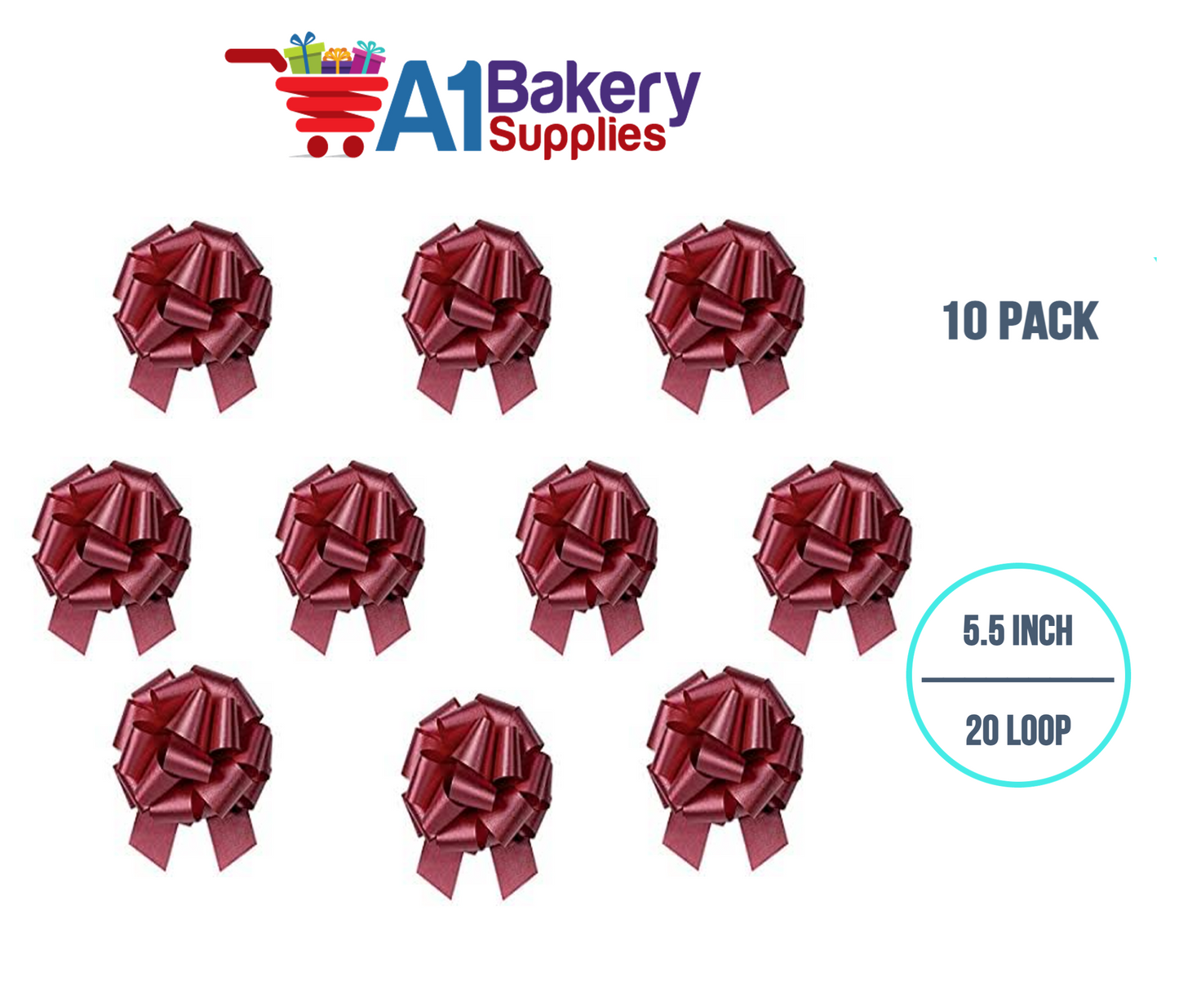 A1BakerySupplies 10 Pieces Pull Bow for Gift Wrapping Gift Bows Pull Bow With Ribbon for Wedding Gift Baskets, 5.5 Inch 20 Loop in Burgundy Color