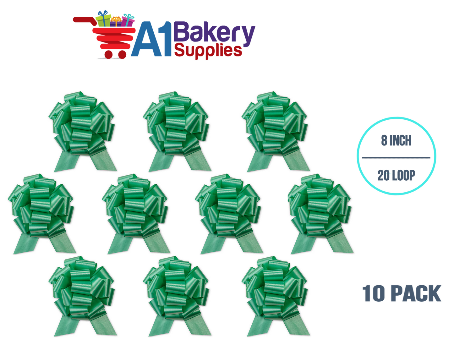 A1BakerySupplies 10 Pieces Pull Bow for Gift Wrapping Gift Bows Pull Bow With Ribbon for Wedding Gift Baskets, 8 Inch 20 Loop Emerald Green Flora Satin Color