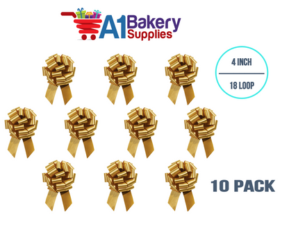 A1BakerySupplies 10 Pieces Pull Bow for Gift Wrapping Gift Bows Pull Bow With Ribbon for Wedding Gift Baskets, 4 Inch 18 Loop Holiday Gold Flora Satin Color