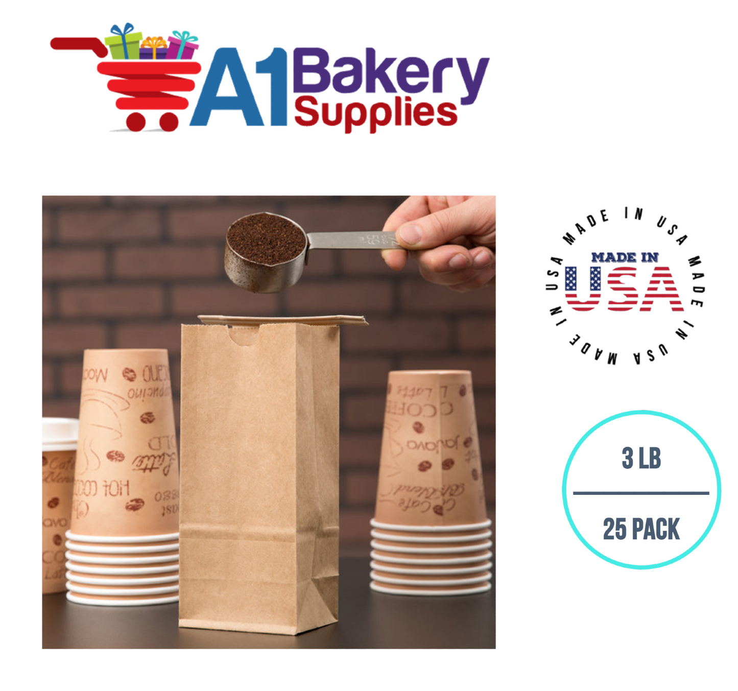 3 LB Size Brown No Window Tin Tie Bags 25 PCS  Kraft  Bakery Bags with No Window Resealable Tin Tie Tab Lock Poly-Lined Bags Kraft Paper Bags for Cookies, Coffee