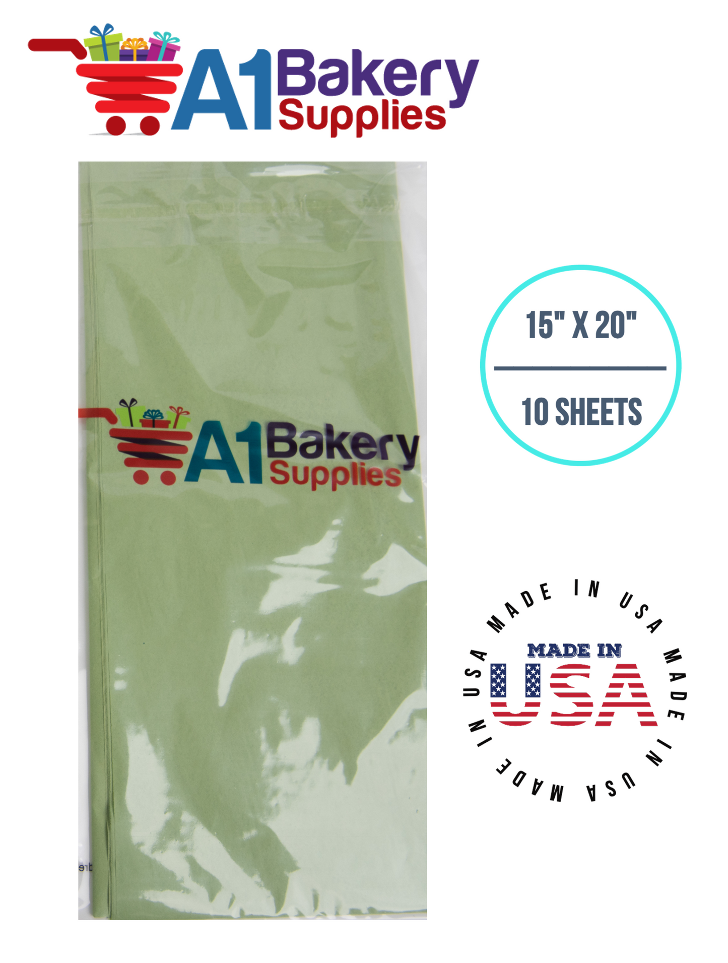 Sage Tissue Paper Squares, Bulk 10 Sheets, Premium Gift Wrap and Art Supplies for Birthdays, Holidays, or Presents by A1BakerySupplies, Small 15 Inch x 20 Inch